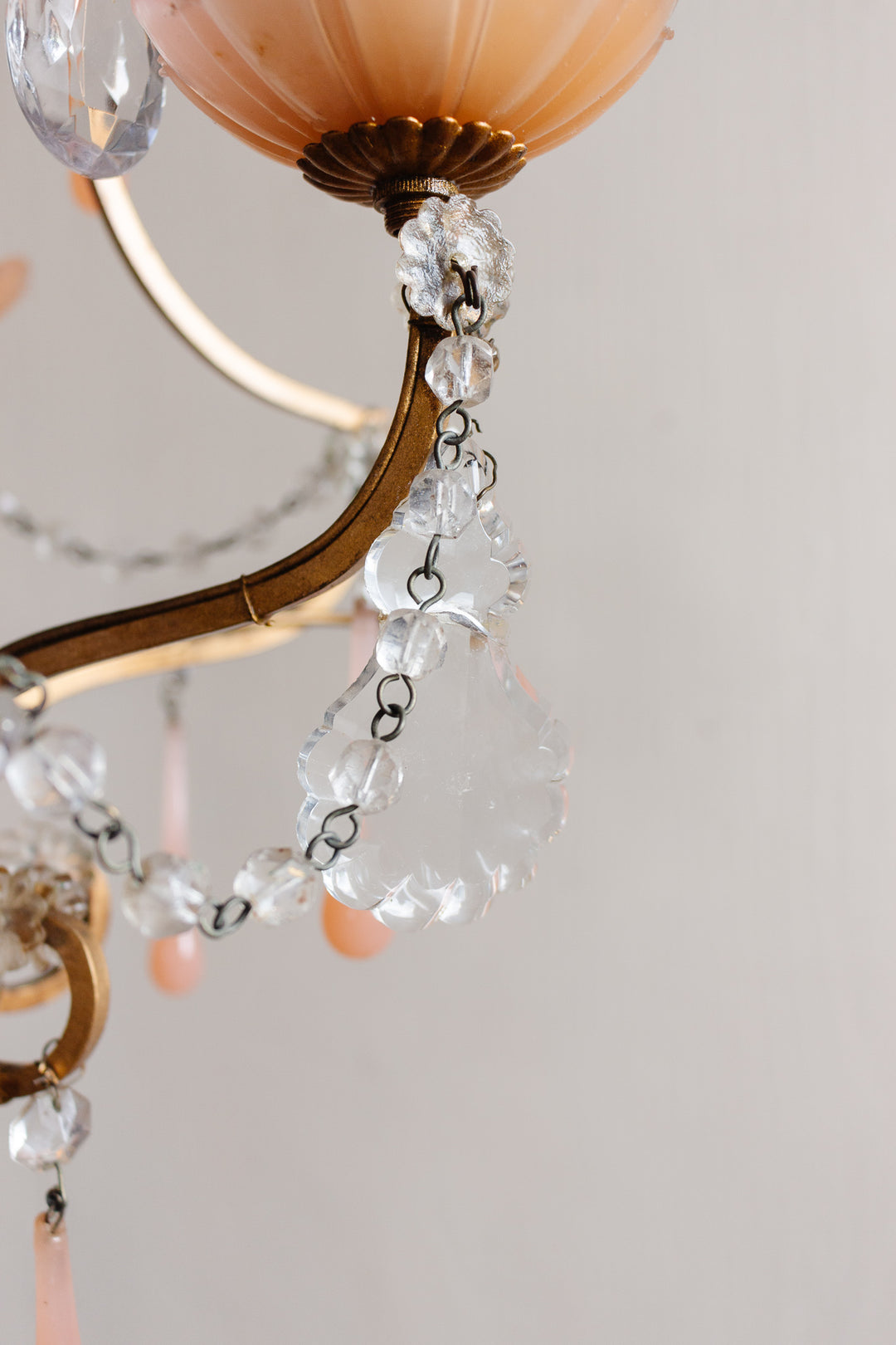 midcentury French opaline chandelier with crystals and Murano glass drops