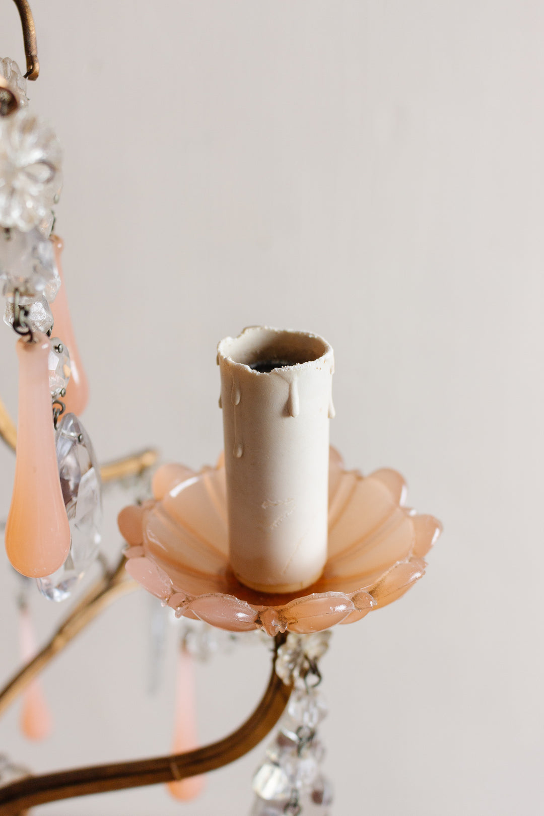 midcentury French opaline chandelier with crystals and Murano glass drops