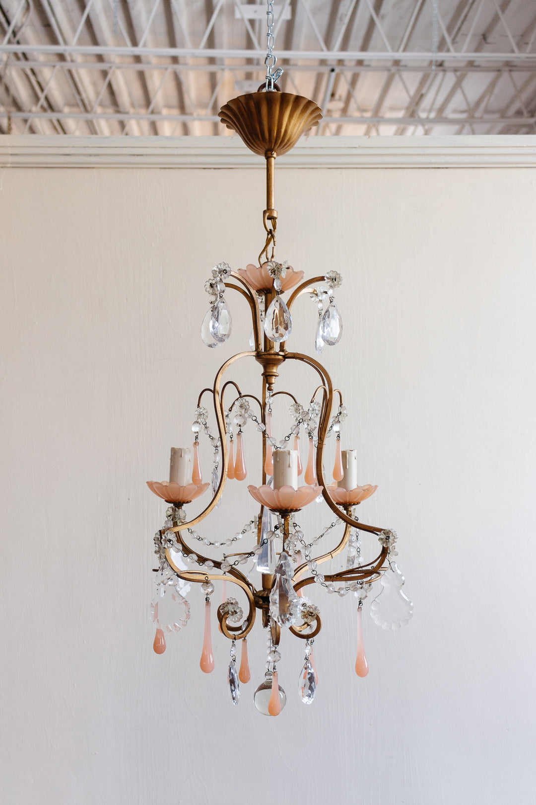 midcentury French opaline chandelier with crystals and Murano glass drops