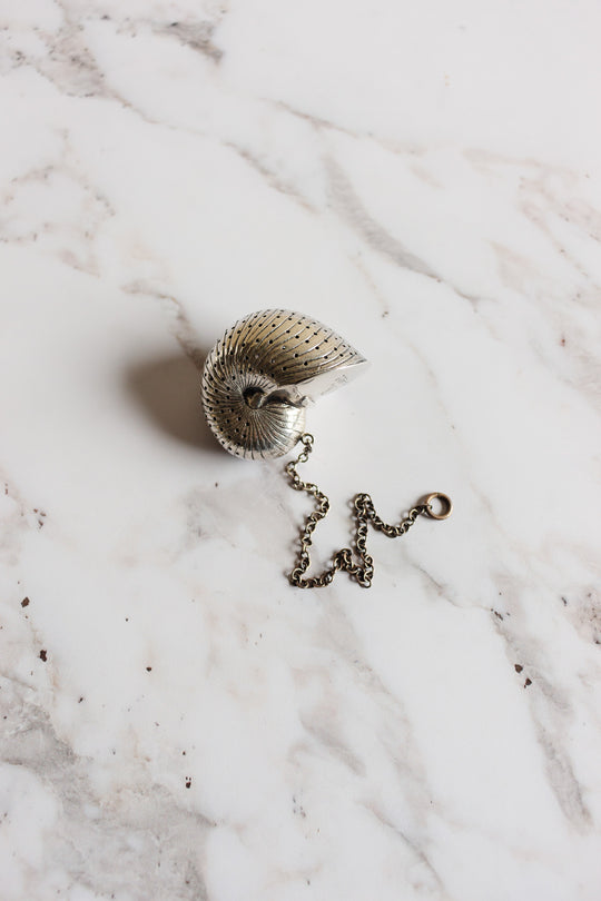 rare turn of the century Birmingham sterling silver nautilus tea strainer with monogram