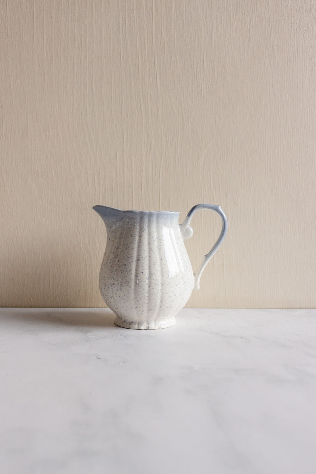 vintage French blue and white speckled majolica Salins pottery pitcher