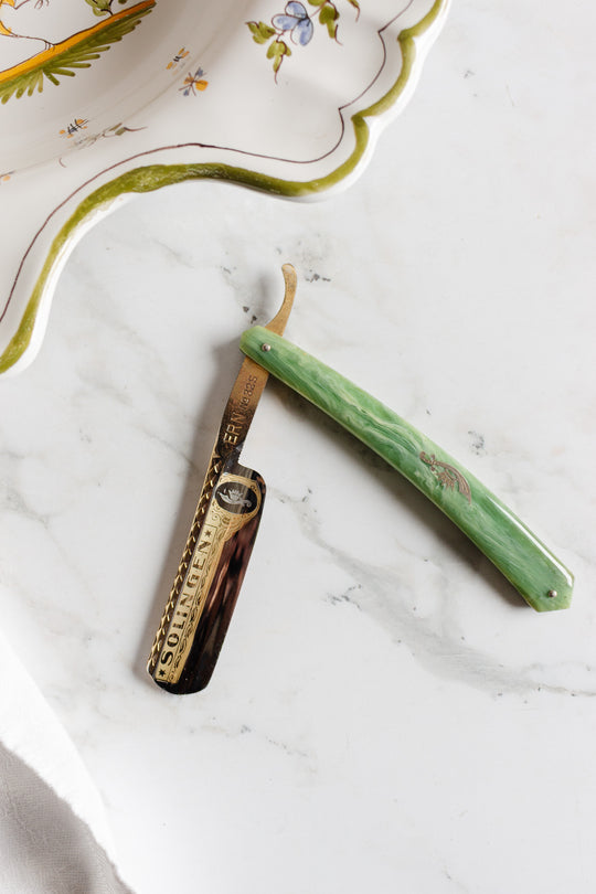 antique german ERN solingen straight razor with green celluloid handle with original box