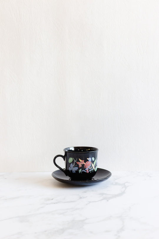 vintage french arcoroc black milk glass "oiseaux tropical" teacups and saucers, set of 4