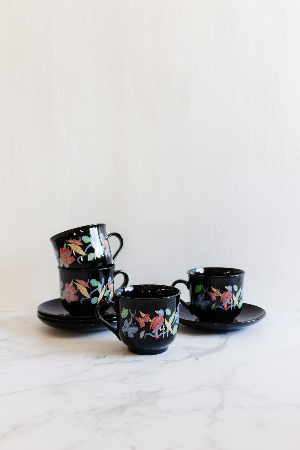 vintage french arcoroc black milk glass "oiseaux tropical" teacups and saucers, set of 4