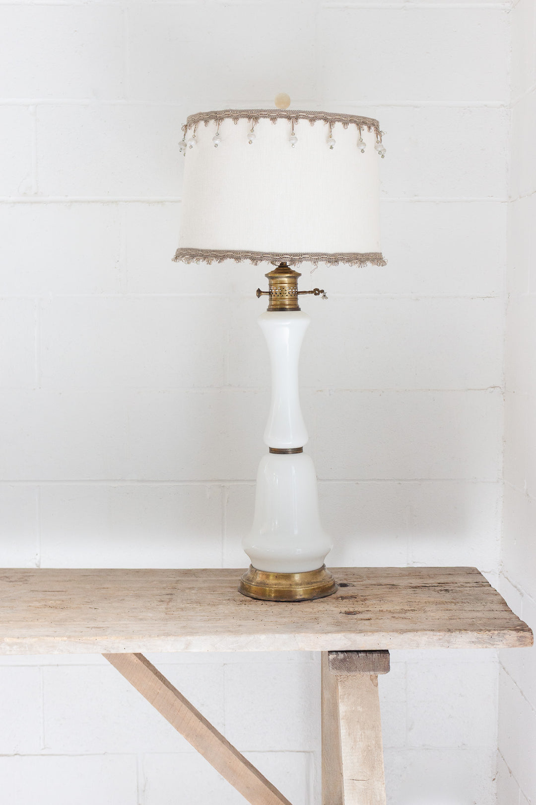 antique milk glass lamp with victorian style beaded shade