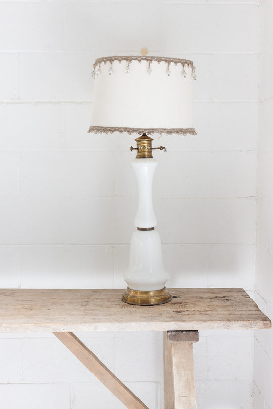 antique milk glass lamp with victorian style beaded shade