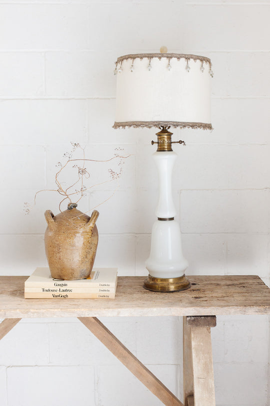 antique milk glass lamp with victorian style beaded shade