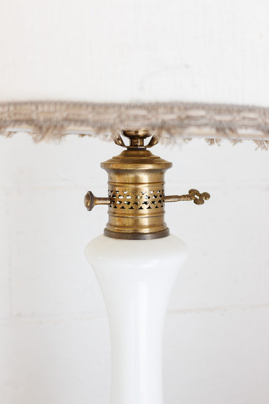antique milk glass lamp with victorian style beaded shade