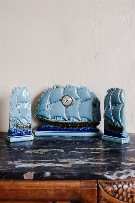 rare antique french sarreguemines "bateaux" three piece mantle set