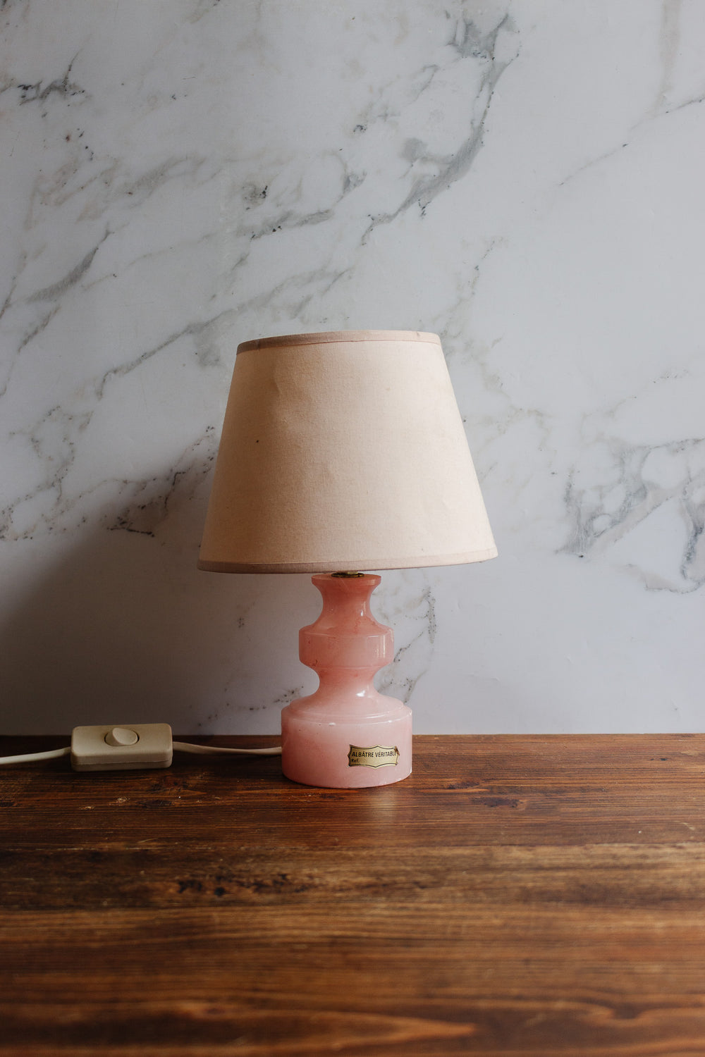 midcentury french pink  alabaster lamp with shade