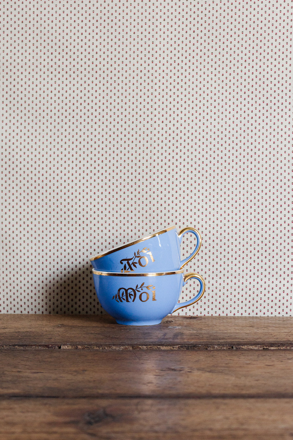 antique french "toi et moi" villeroy & boch gold and cerulean teacups