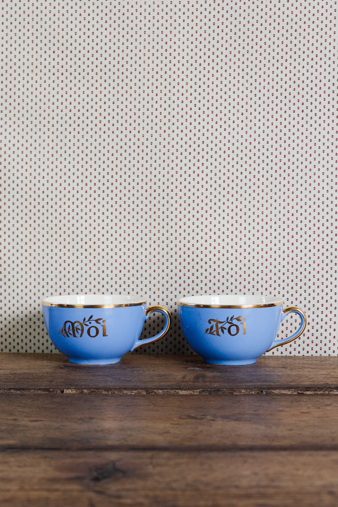 antique french "toi et moi" villeroy & boch gold and cerulean teacups