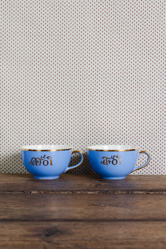 antique french "toi et moi" villeroy & boch gold and cerulean teacups