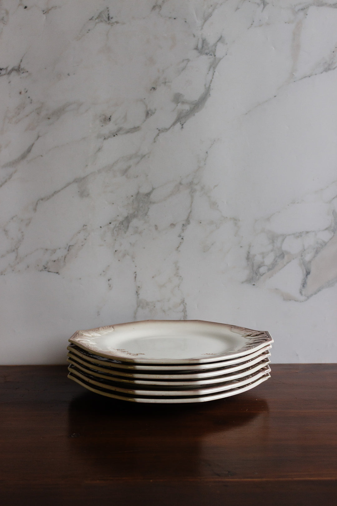 antique french longwy hexagonal plates "la chasse"