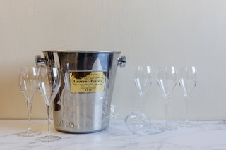 vintage french "laurent perrier" champagne bucket and set of 6 matching glasses glasses