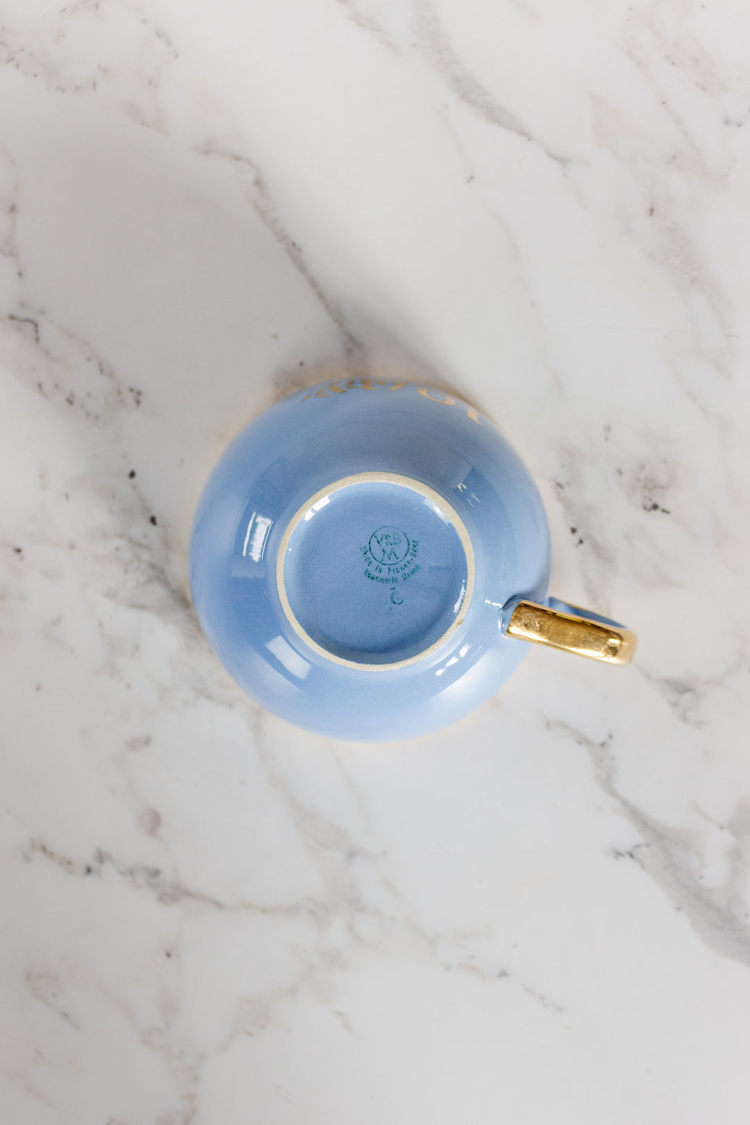 antique french "toi et moi" villeroy & boch gold and cerulean teacups