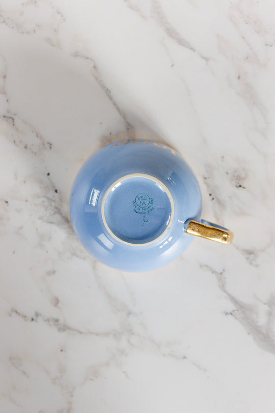 antique french "toi et moi" villeroy & boch gold and cerulean teacups