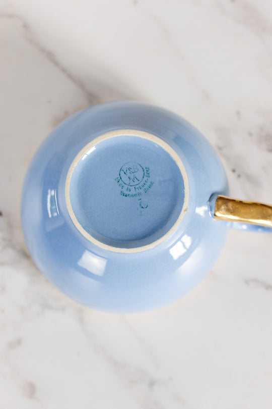 antique french "toi et moi" villeroy & boch gold and cerulean teacups