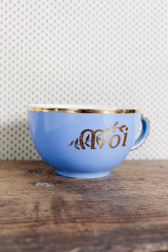 antique french "toi et moi" villeroy & boch gold and cerulean teacups
