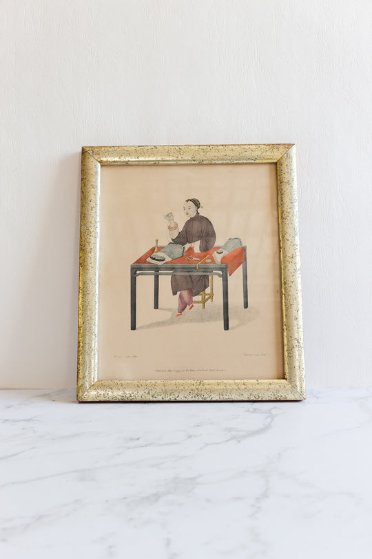 antique french chinoiserie hand tinted print