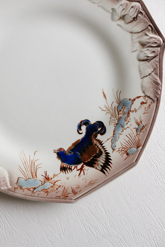 antique french longwy hexagonal plates "la chasse"