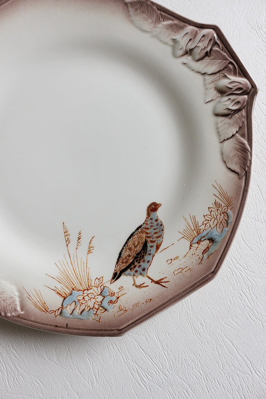 antique french longwy hexagonal plates "la chasse"