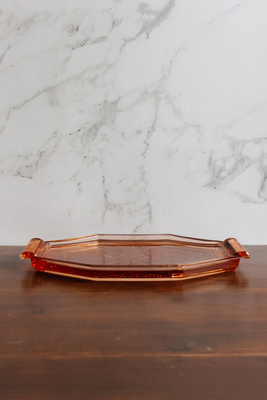 art deco french pink glass decanter with liqueur glasses and geometric tray