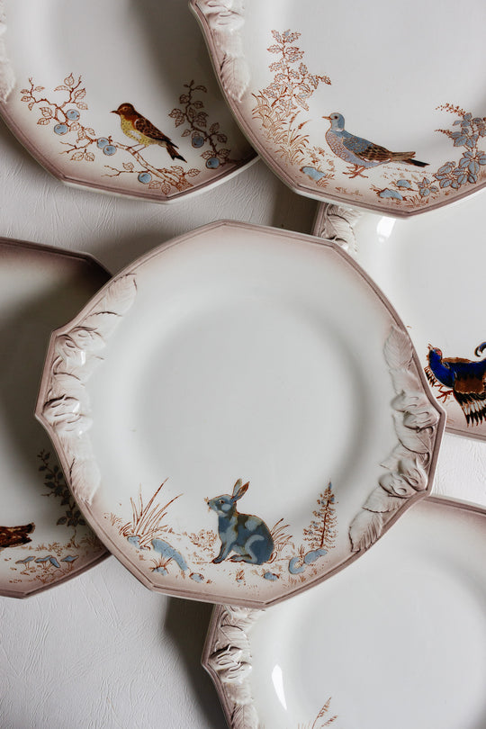 antique french longwy hexagonal plates "la chasse"