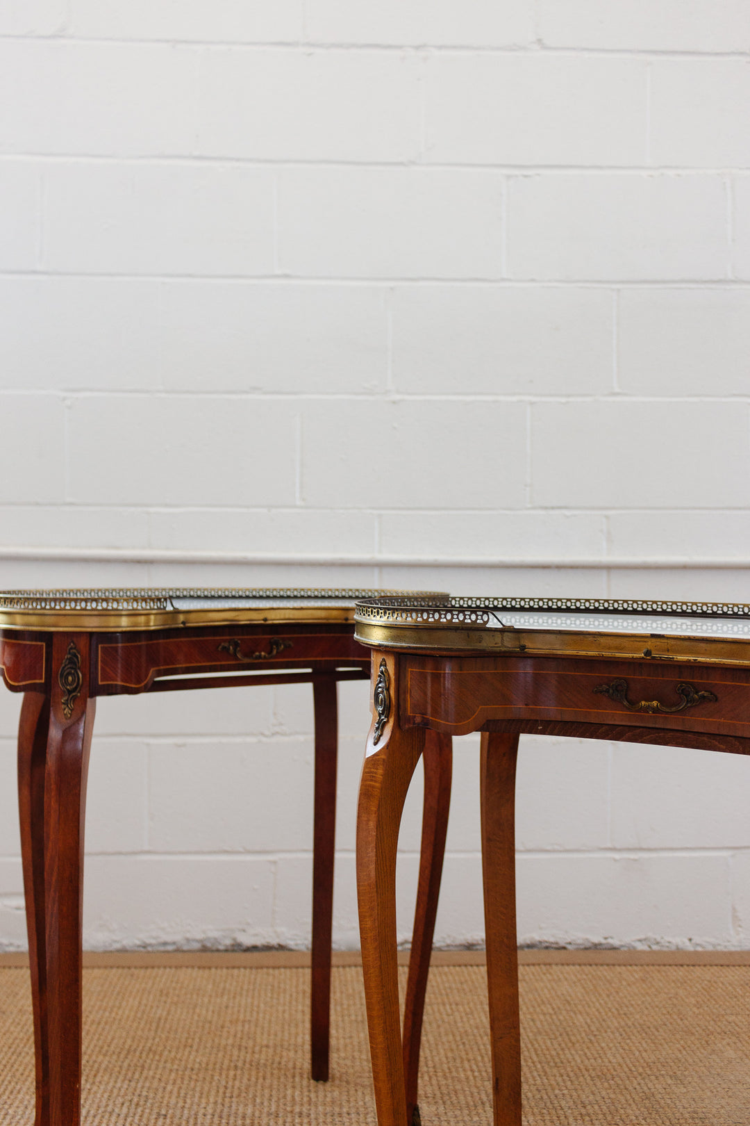 pair of vintage French Louis XV marble top side tables