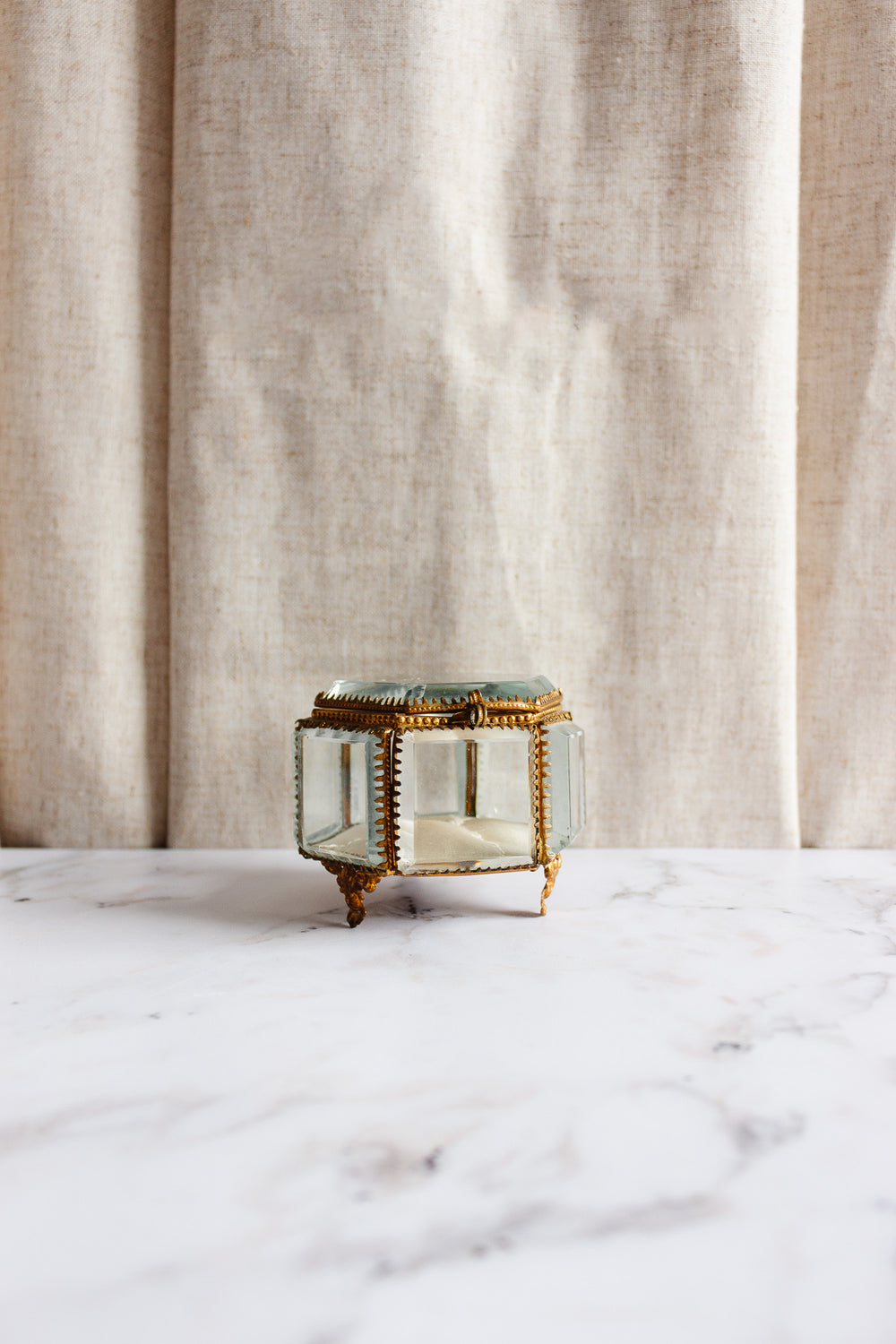 turn of the century French hexagonal beveled glass and ormolu bijoux casket