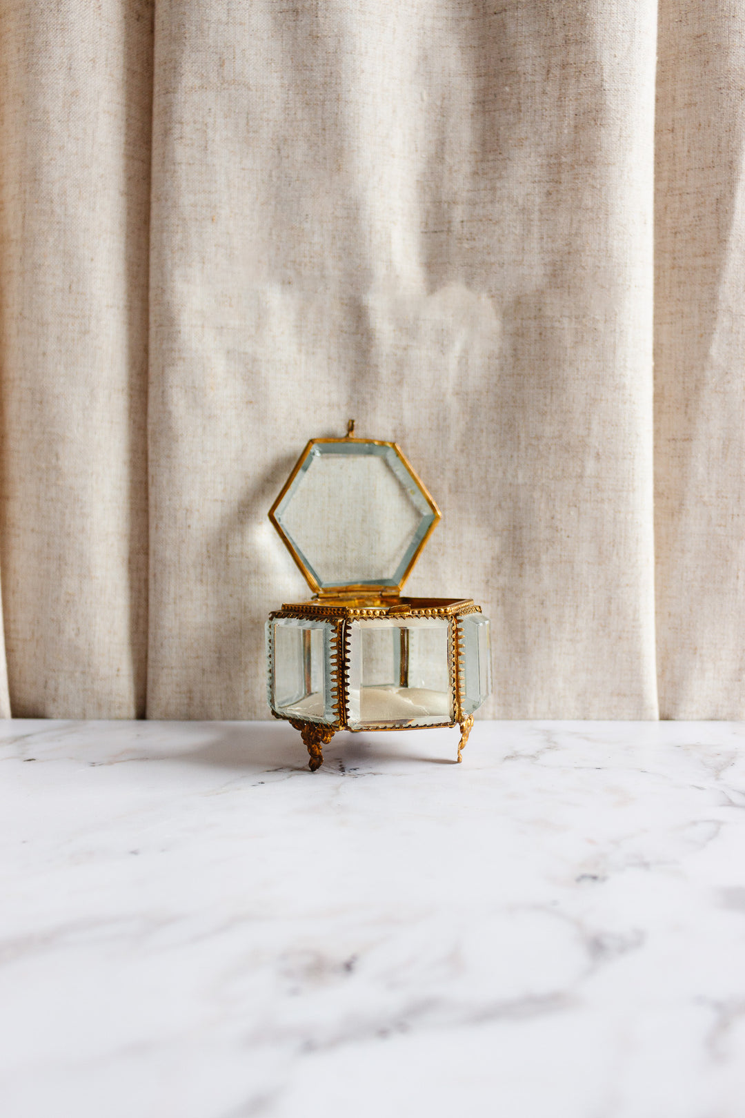 turn of the century French hexagonal beveled glass and ormolu bijoux casket