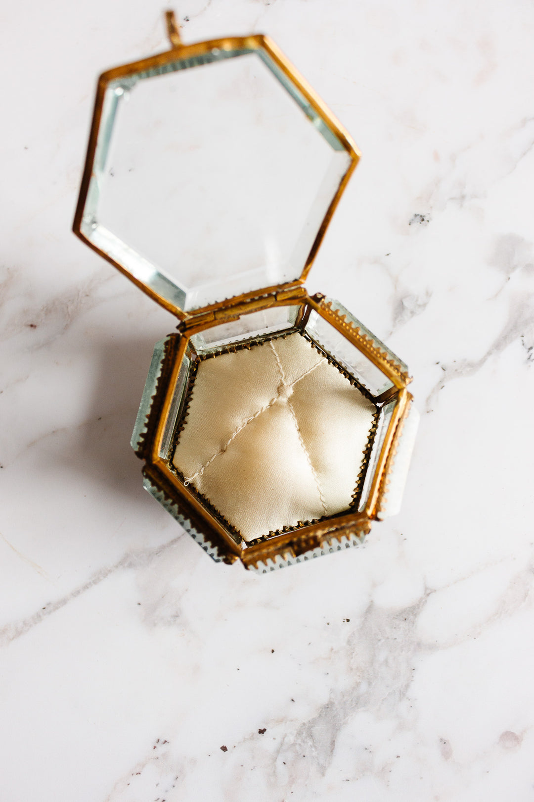 turn of the century French hexagonal beveled glass and ormolu bijoux casket