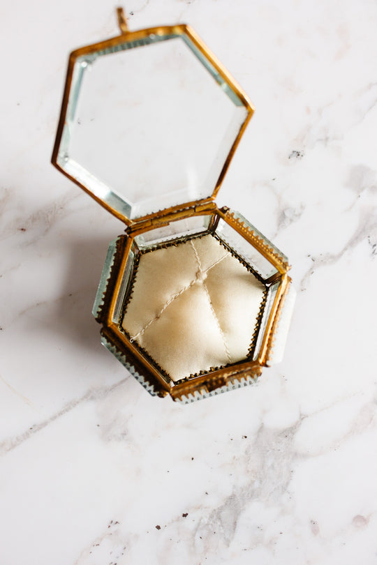 turn of the century French hexagonal beveled glass and ormolu bijoux casket