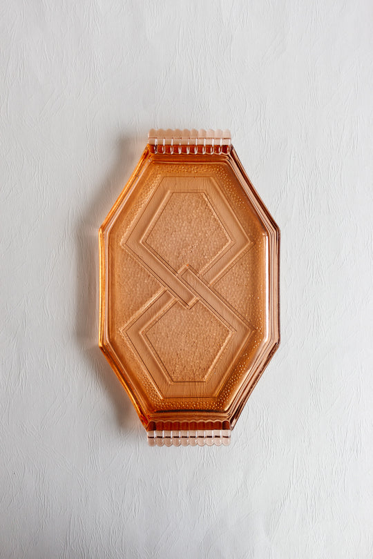 art deco french pink glass decanter with liqueur glasses and geometric tray