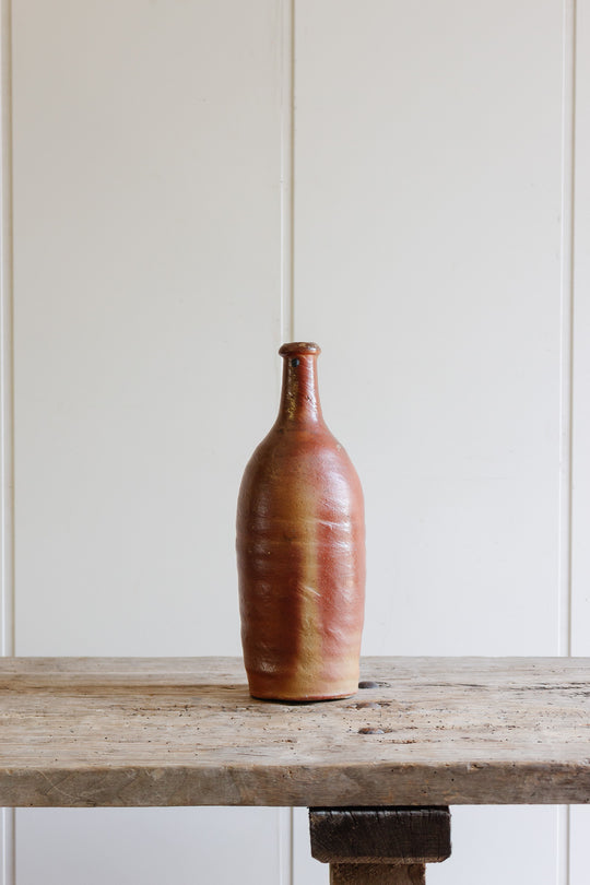 antique french stoneware liquor bottle, brown