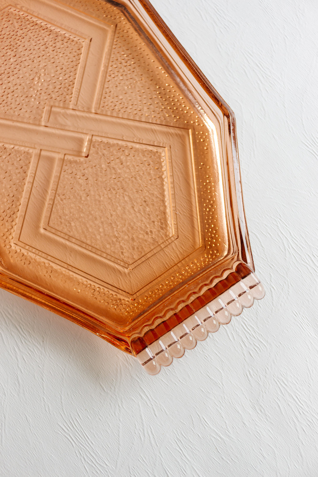 art deco french pink glass decanter with liqueur glasses and geometric tray