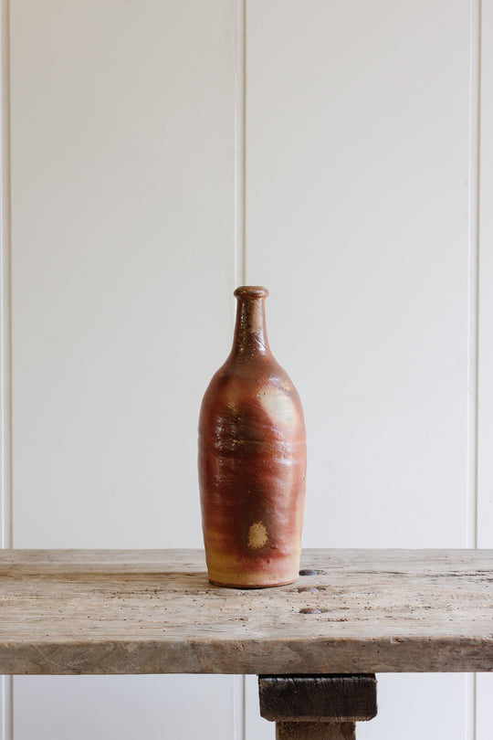 antique french stoneware liquor bottle, brown