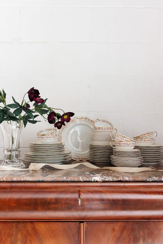 1930s french Limoges porcelain floral scalloped dinner set, 52 pieces