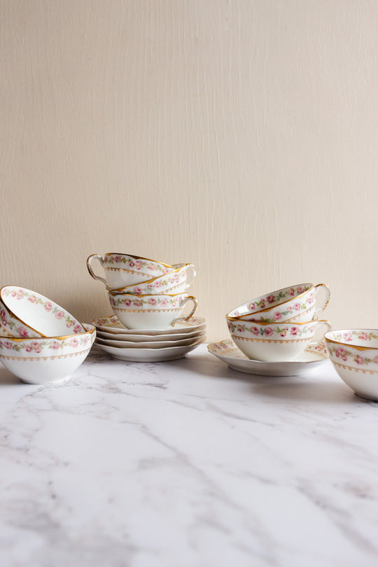 1930s french Limoges porcelain floral scalloped dinner set, 52 pieces