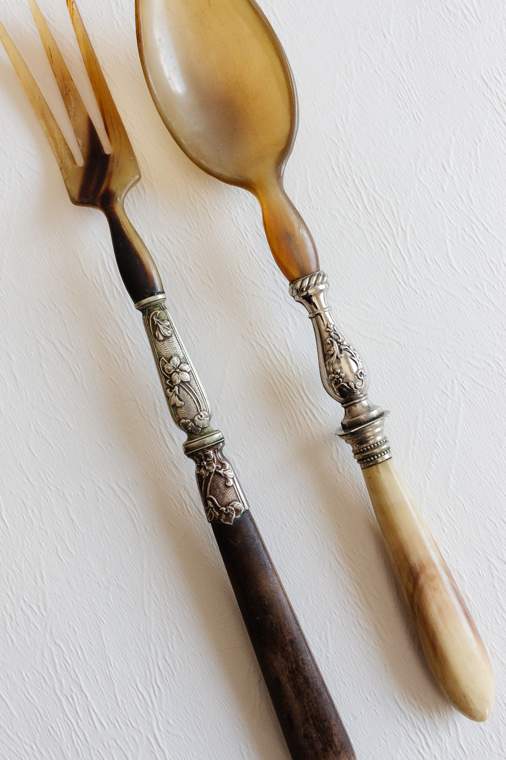 antique french repousse silver and horn serving set