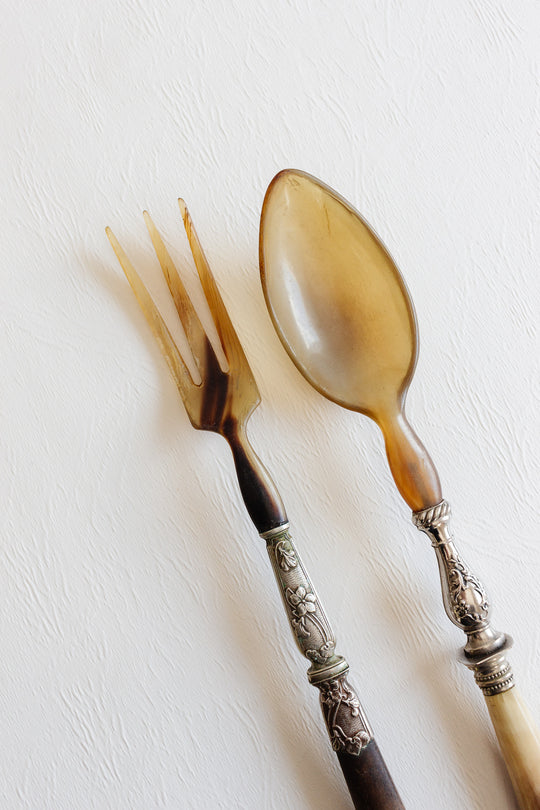 antique french repousse silver and horn serving set