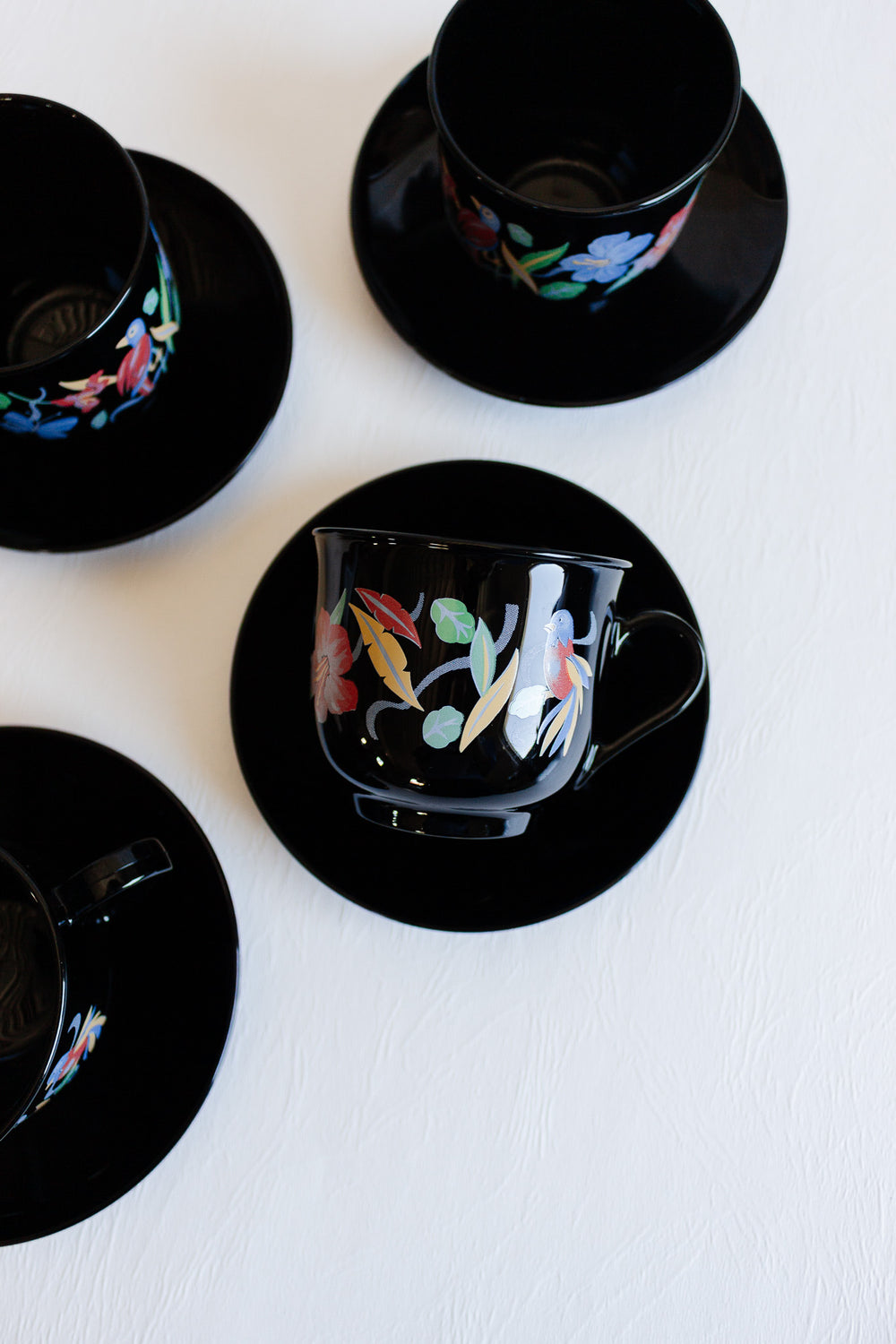 vintage french arcoroc black milk glass "oiseaux tropical" teacups and saucers, set of 4