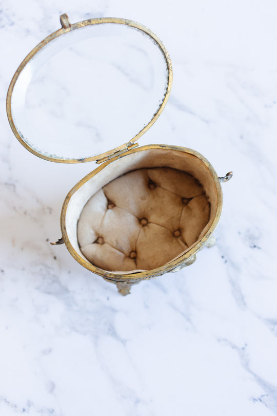 rare turn of the century oval ormolu & beveled glass art nouveau bijoux casket