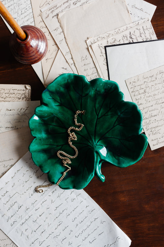 vintage french "feuille vert" majolica trinket dish
