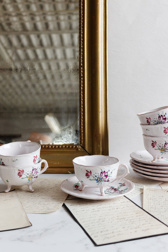 rare 1920s french St Clement pottery footed floral teacups and saucers, set of 6