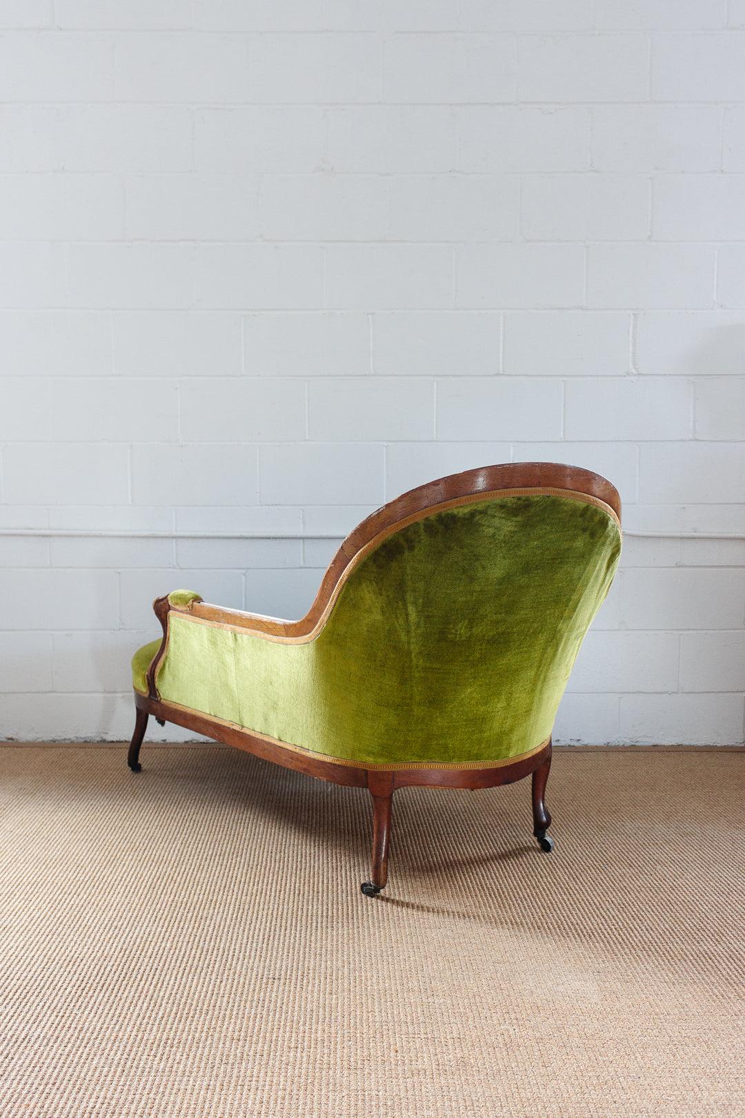 19th century Louis Philippe walnut and green velvet chaise longue