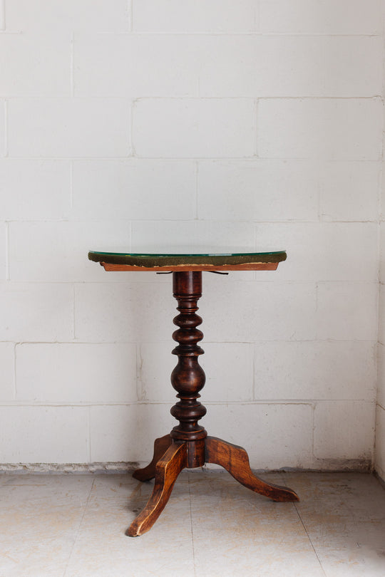 antique french turned wood occasional table with "petit point" top