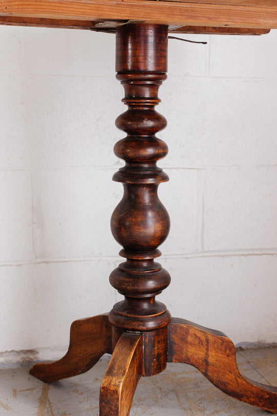 antique french turned wood occasional table with "petit point" top