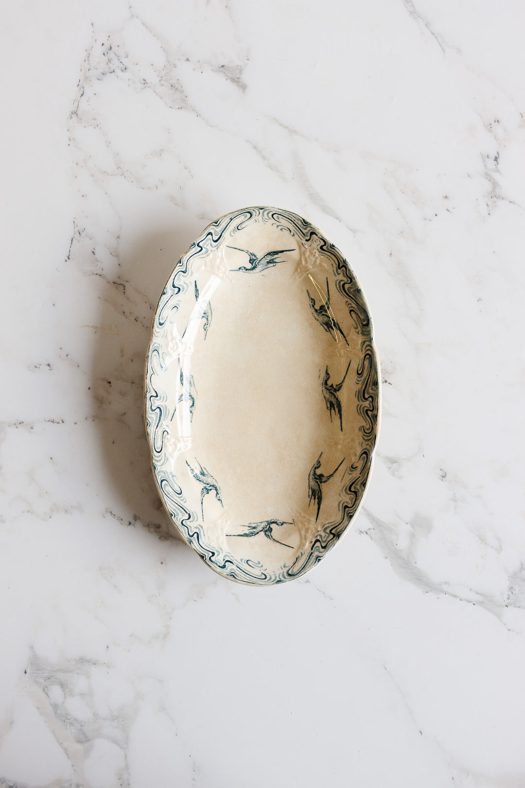 antique french longwy blue and white "oiseaux" ravier