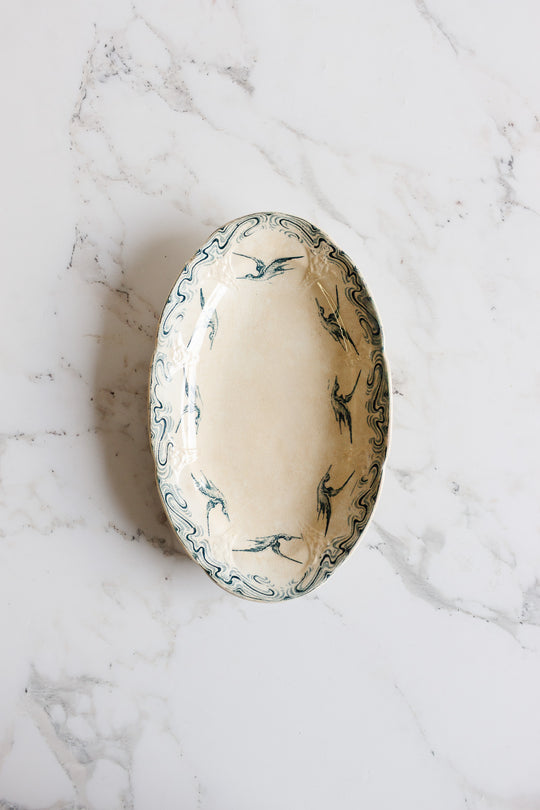 antique french longwy blue and white "oiseaux" ravier